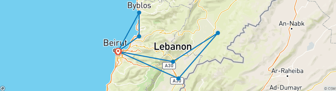 Image of a map showing the route of the tour
