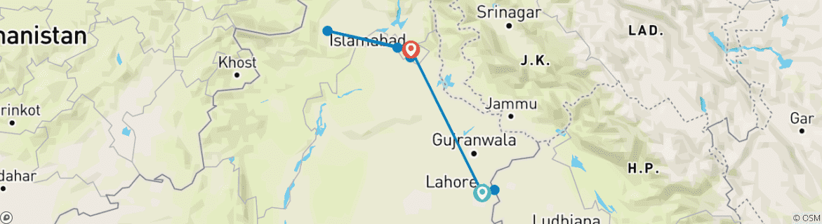 Image of a map showing the route of the tour