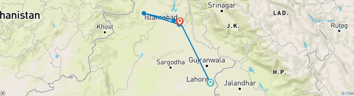 Image of a map showing the route of the tour