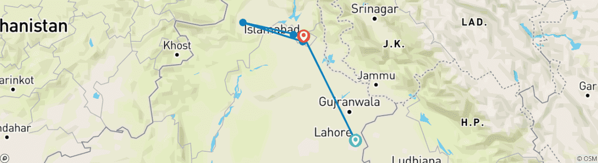 Image of a map showing the route of the tour