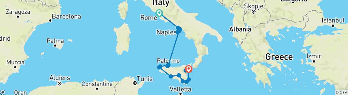 Image of a map showing the route of the tour