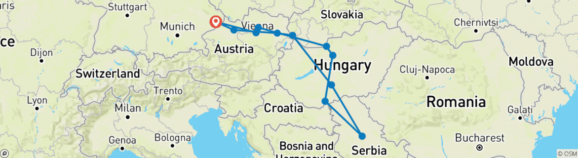 Image of a map showing the route of the tour