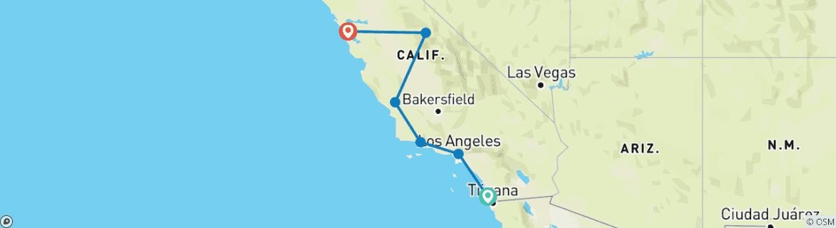 Image of a map showing the route of the tour