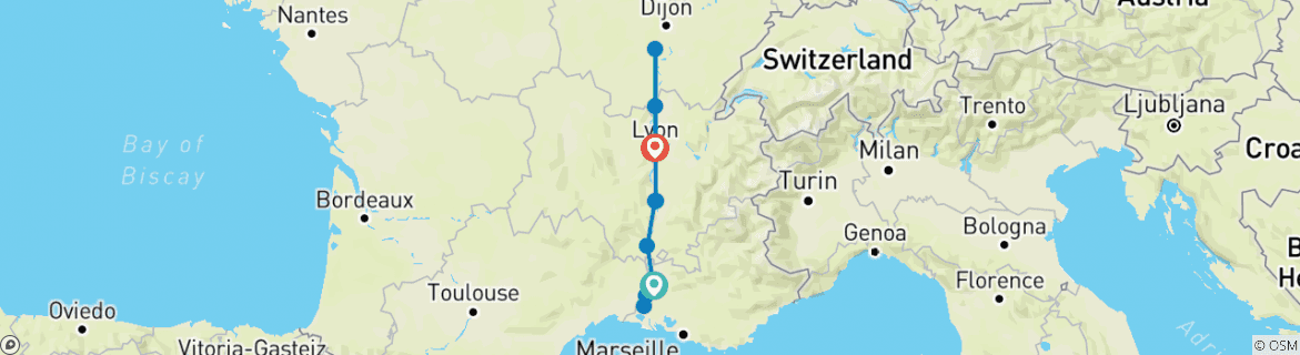 Image of a map showing the route of the tour