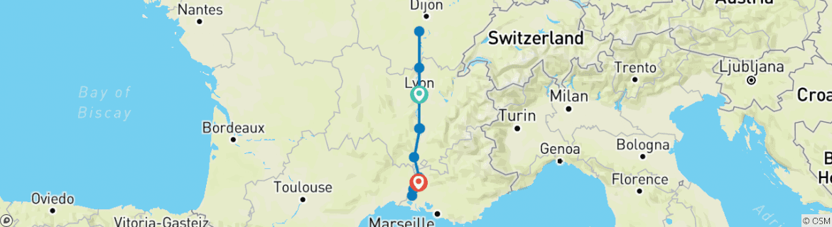 Image of a map showing the route of the tour