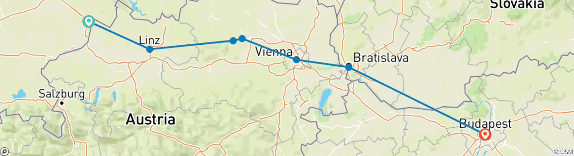 Image of a map showing the route of the tour