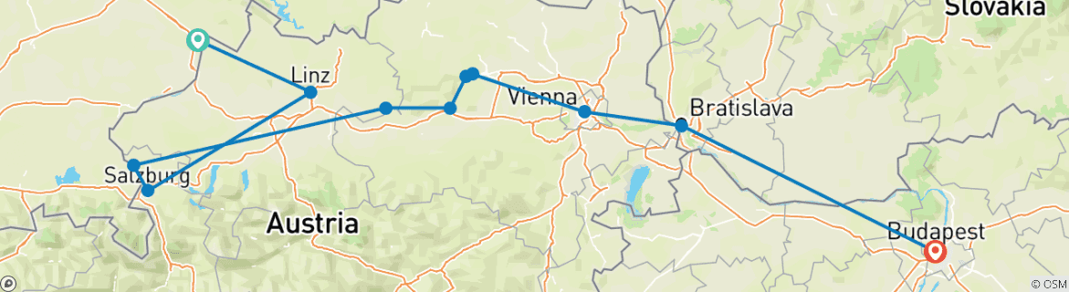 Image of a map showing the route of the tour