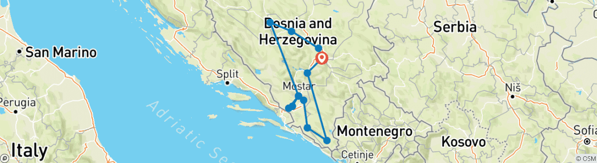 Image of a map showing the route of the tour