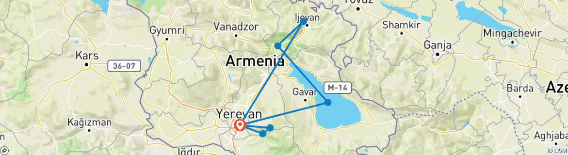 Image of a map showing the route of the tour