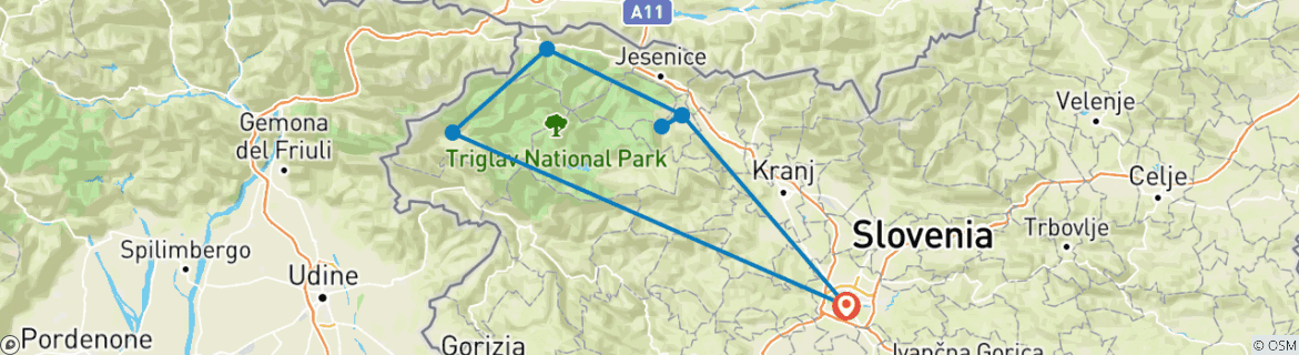 Image of a map showing the route of the tour