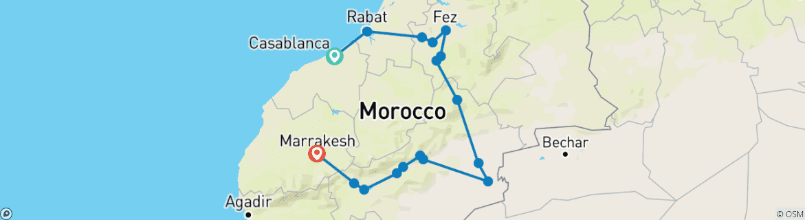 Image of a map showing the route of the tour