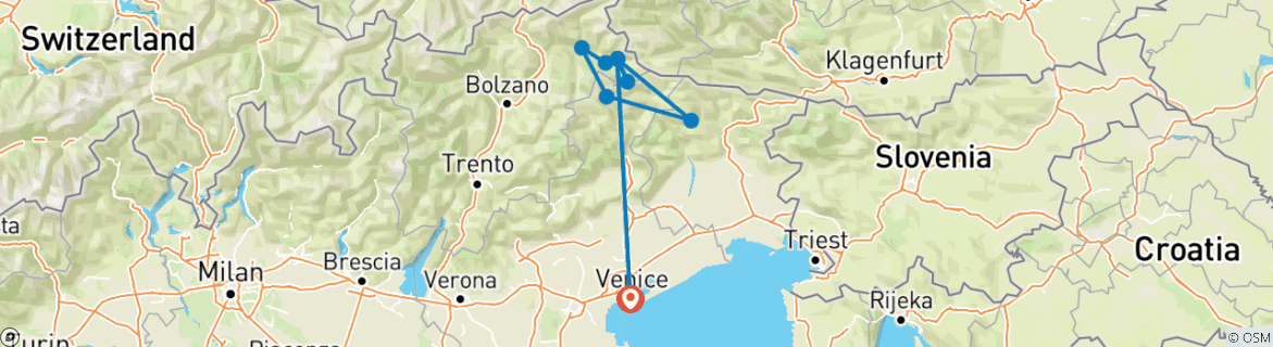Image of a map showing the route of the tour