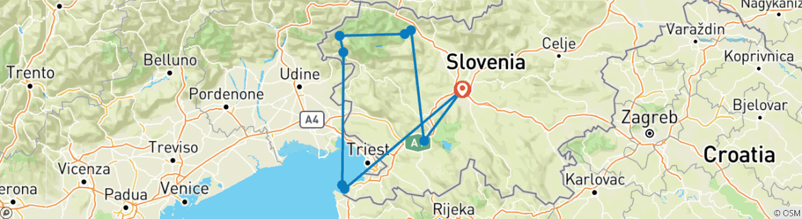 Image of a map showing the route of the tour