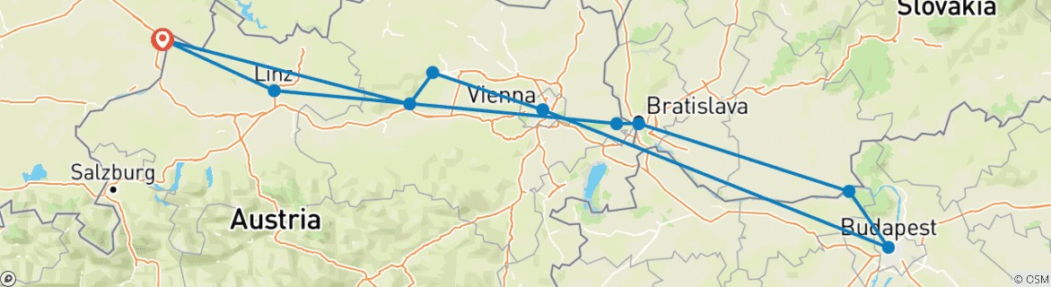 Image of a map showing the route of the tour