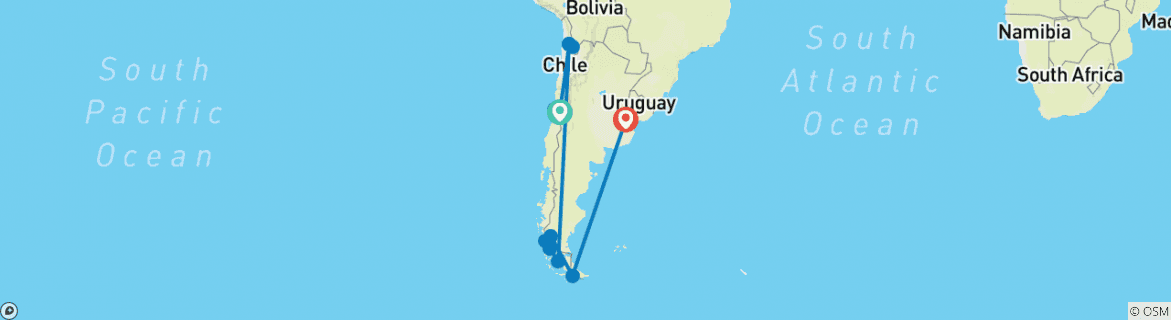 Image of a map showing the route of the tour