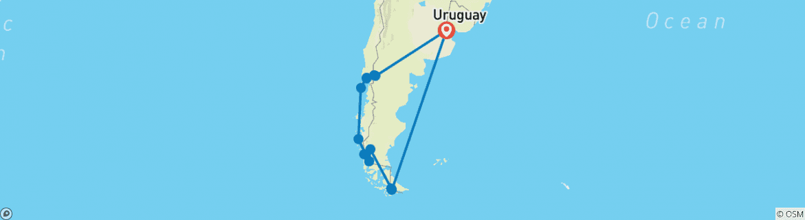 Image of a map showing the route of the tour