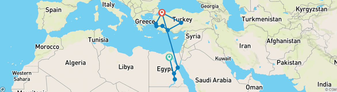 Image of a map showing the route of the tour