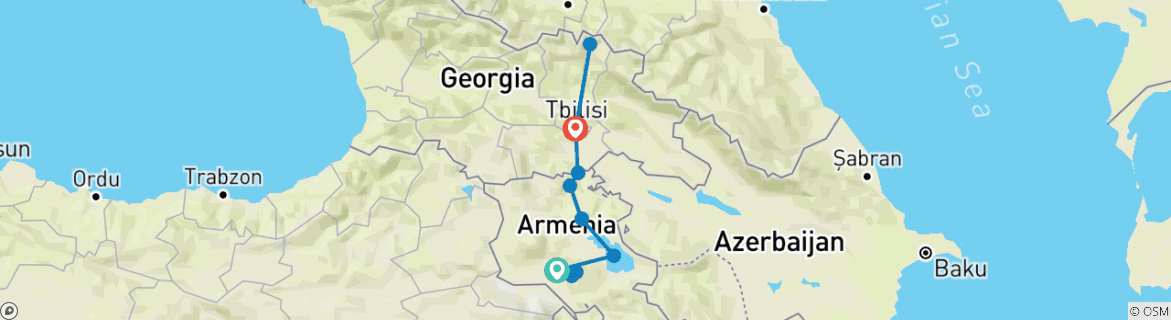 Image of a map showing the route of the tour