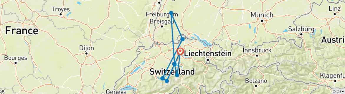 Image of a map showing the route of the tour