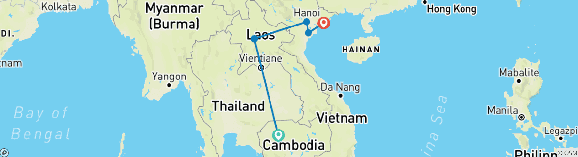 Image of a map showing the route of the tour