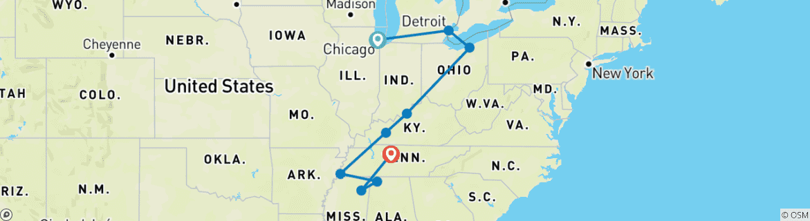 Image of a map showing the route of the tour