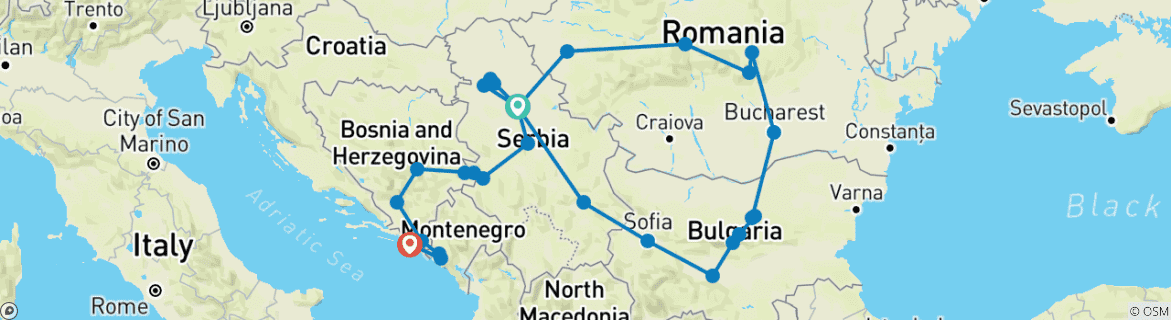 Image of a map showing the route of the tour