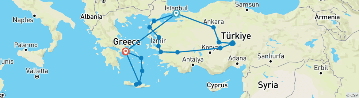 Image of a map showing the route of the tour