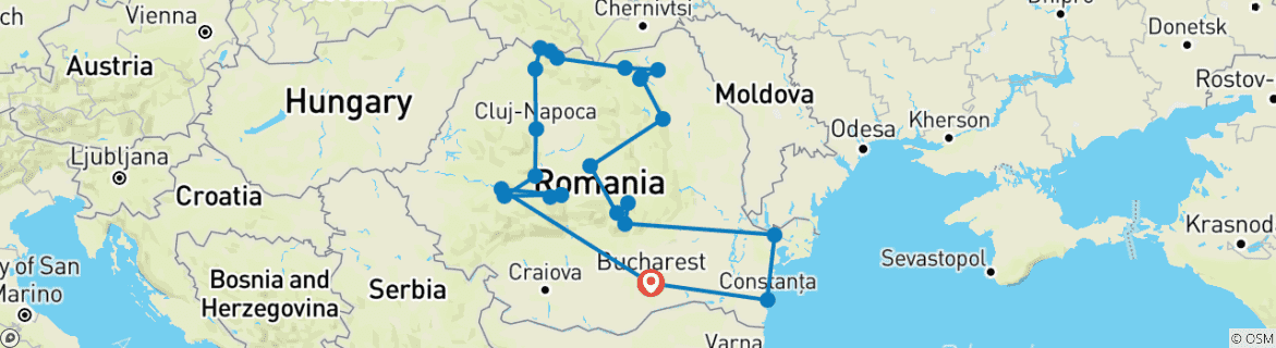 Image of a map showing the route of the tour