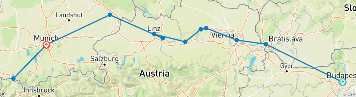 Image of a map showing the route of the tour