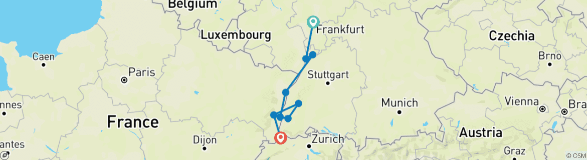 Image of a map showing the route of the tour