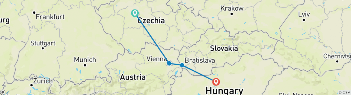 Image of a map showing the route of the tour