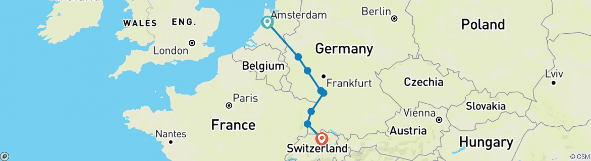 Image of a map showing the route of the tour