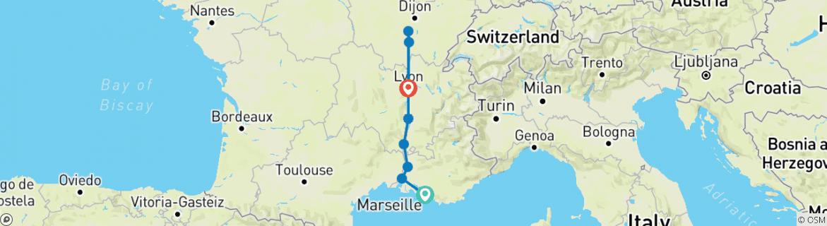 Image of a map showing the route of the tour