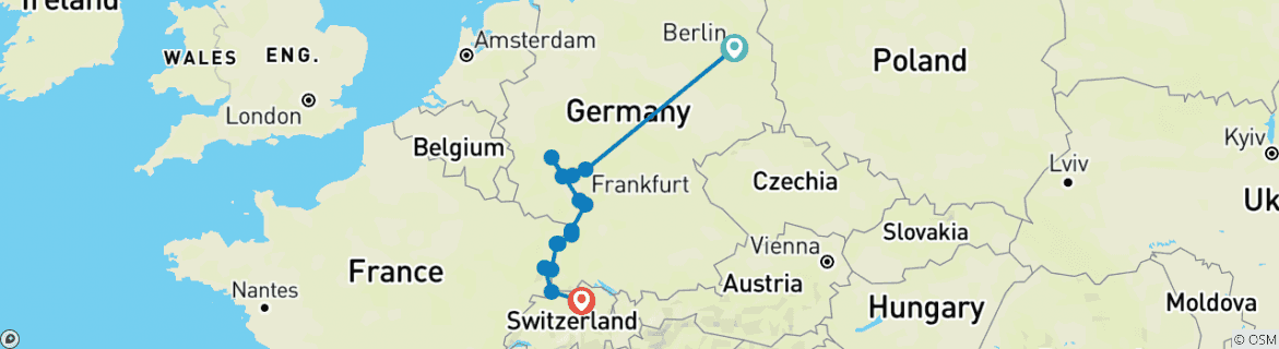 Image of a map showing the route of the tour