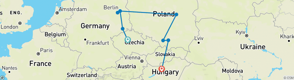Image of a map showing the route of the tour