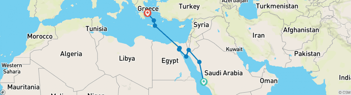 Image of a map showing the route of the tour