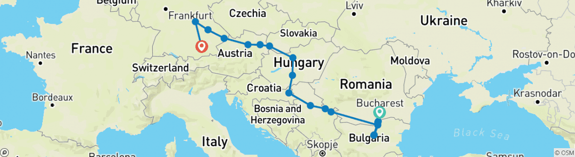 Image of a map showing the route of the tour