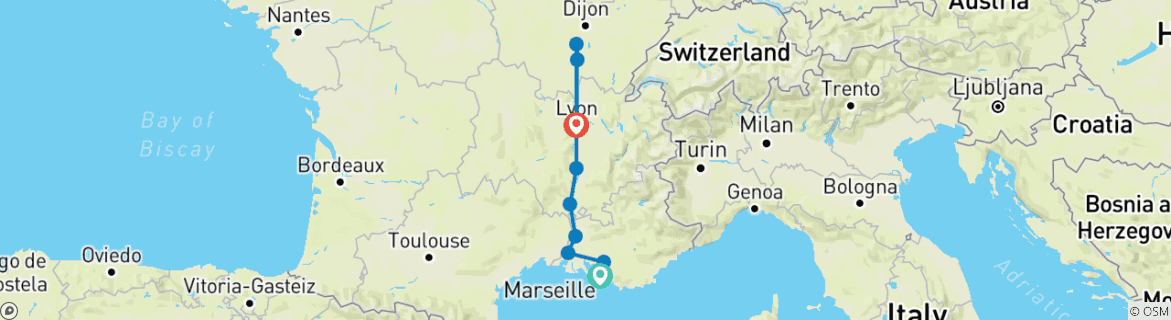 Image of a map showing the route of the tour