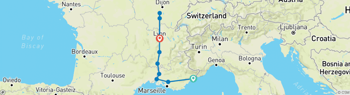 Image of a map showing the route of the tour