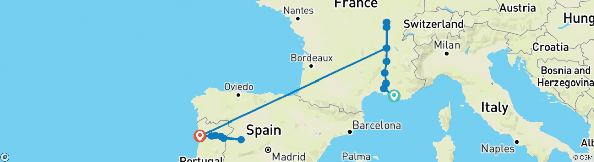 Image of a map showing the route of the tour