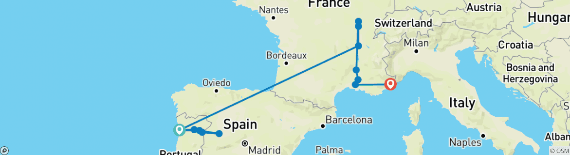 Image of a map showing the route of the tour