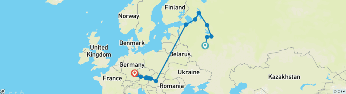 Image of a map showing the route of the tour