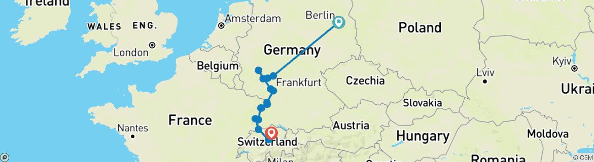Image of a map showing the route of the tour