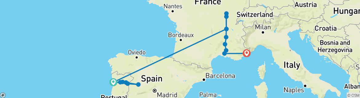 Image of a map showing the route of the tour
