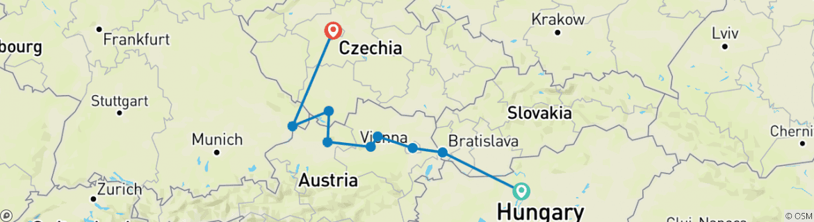 Image of a map showing the route of the tour