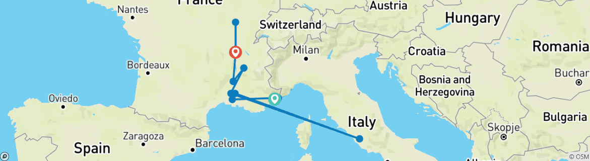 Image of a map showing the route of the tour