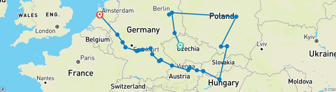 Image of a map showing the route of the tour