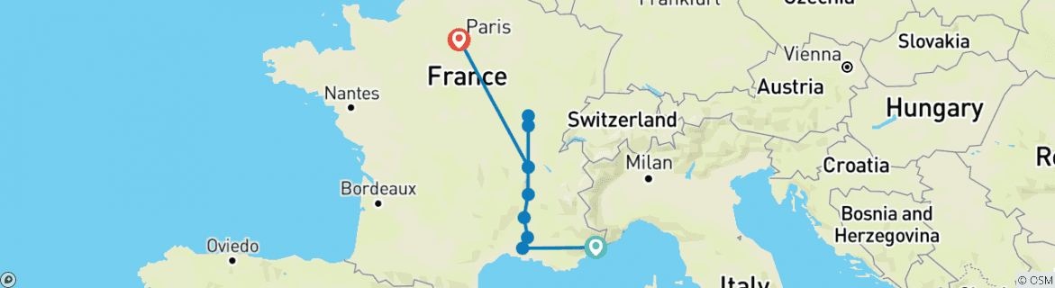 Image of a map showing the route of the tour