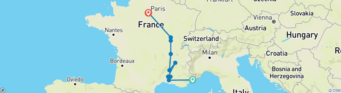 Image of a map showing the route of the tour