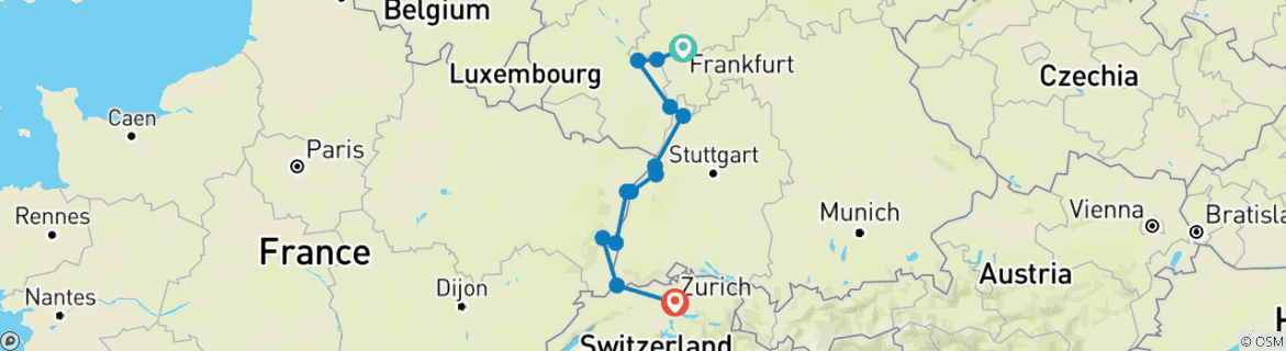 Image of a map showing the route of the tour